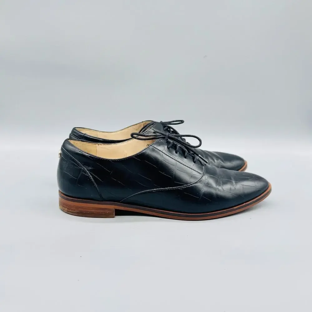 Cole Haan Shoes Women 8 Black Leather Croc Embossed Oxford Flats Lace Up Classic
